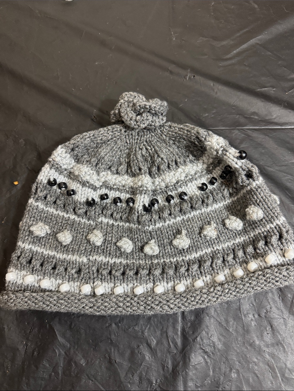 Handmade Gray Knit Kids Beanie with Bead & Pom Detail Shades of Grey OSFM
